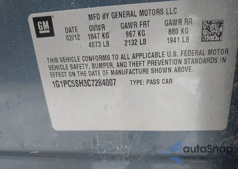 2012 Chevrolet Cruze Ls z USA, uszkodzony, nr VIN 1G1PC5SH3C7284007